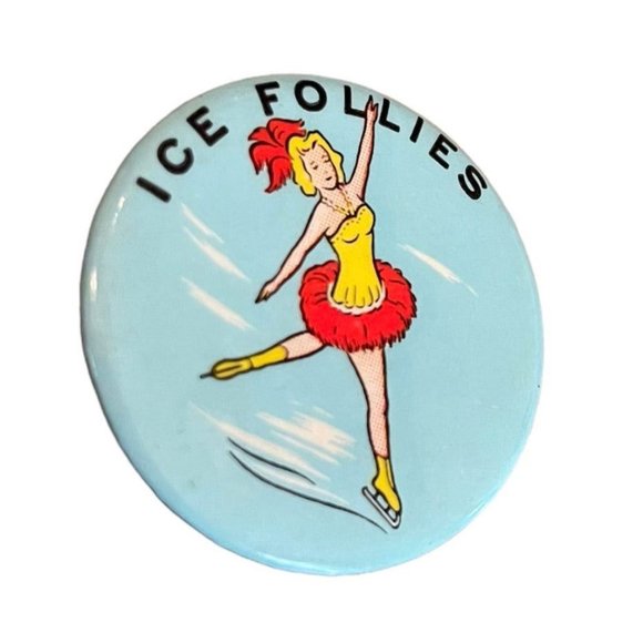 Vintage 1950s Ice Follies Extended Pinback Ice Skater Blue 1.75" Diameter - Picture 3 of 7